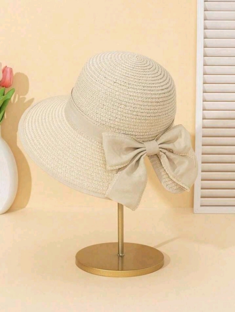 Beige Cream Raffia Woven Straw Sun Foldable Hat with Bow